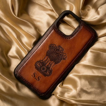 Tan Leather Mobile Cover with Laser engraved Emblem