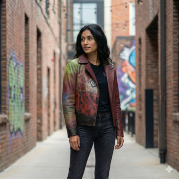 Handpainted Fierce Musical Floral Racing Inspired Women Wine Leather Biker Jacket by Brune & Bareskin
