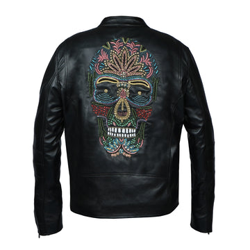 Black Leather jacket Customized Multi-Colored Zardosi Skull