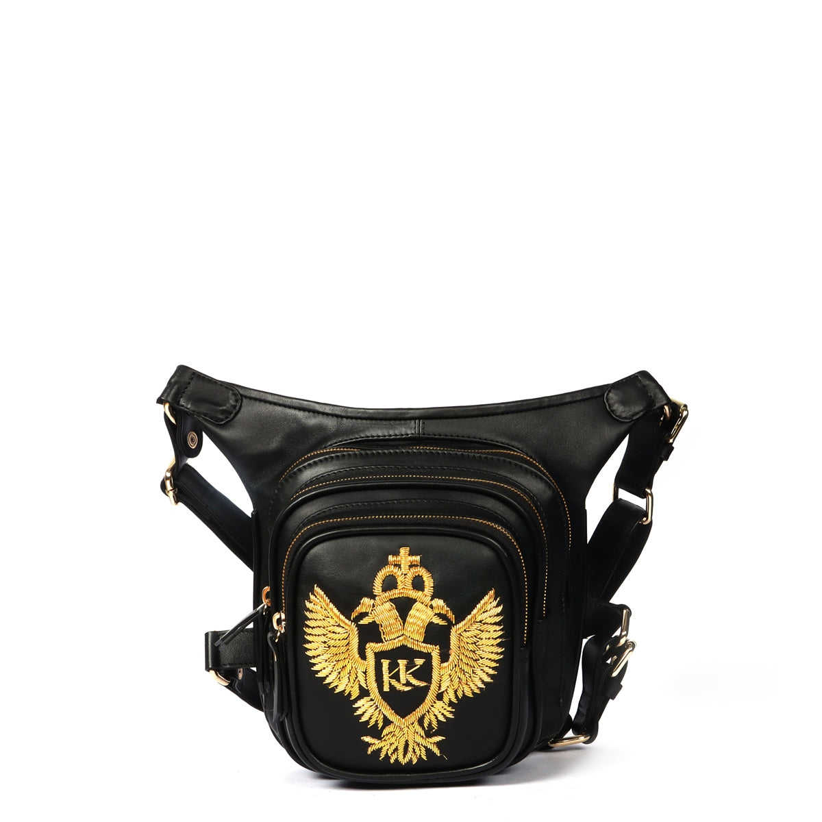 Bespoke Thigh Pouch Travel Bag with Golden Zardosi In Black Leather