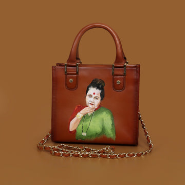 Customized Hand-Painted Portrait Tan Leather Hand Bag