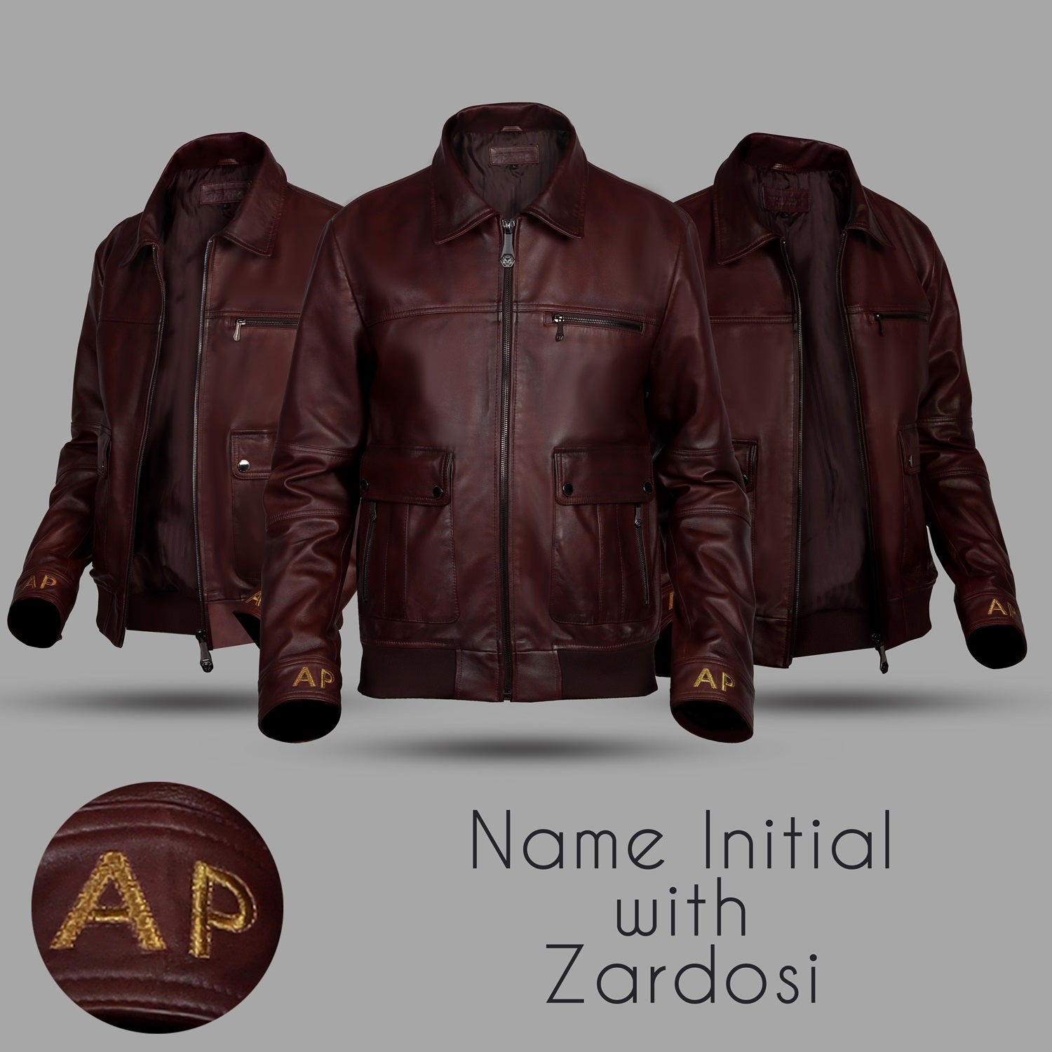 Dark Brown Leather Jacket Customized "AP" Embroidered Initial