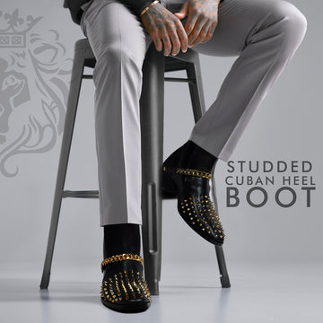 Bespoke Cuban Heel Boot with Golden Finish Spikes & Removable Chain Strap