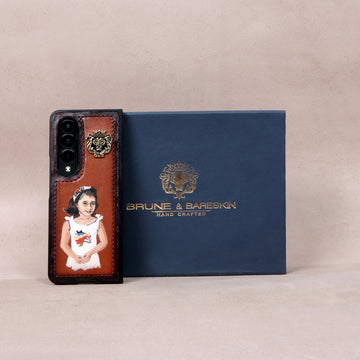 Hand Painted Mobile Cover with Customized Daughter Portrait on Tan Samsung Galaxy Fold Case