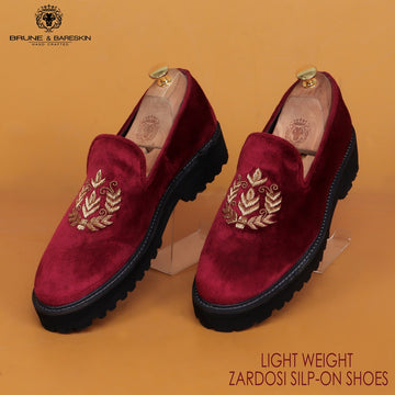 Red Zardosi Slip-On Shoes with Customized Light Weight Chunky Sole