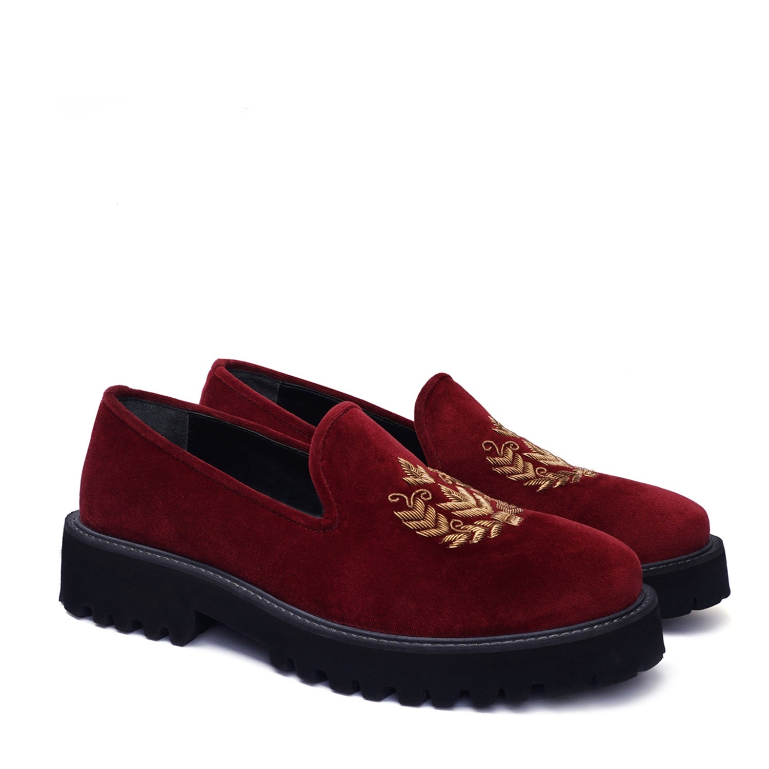 Red Zardosi Slip-On Shoes with Customized Light Weight Chunky Sole