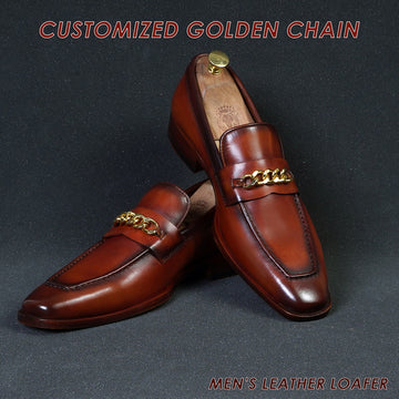 Tan Leather Loafer With Customized Golden Chain Accent on Vamp