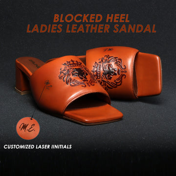 Customized Laser Initial Tan Leather Blocked Heel Sandal