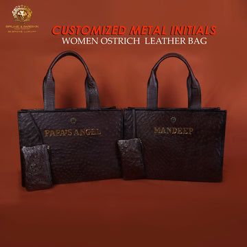Ladies Large Dark Brown Hand Bag with Customized Metal Initial in Real Ostrich Leather