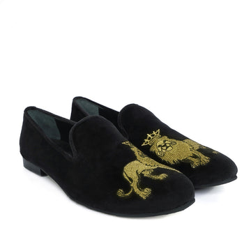 Custom Made Embroidered Lion Black velvet Slip-On Shoes for Men