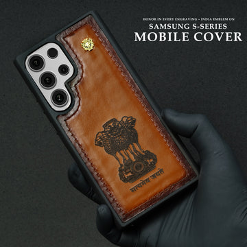 Elegant Tan Leather Samsung S Series Mobile cover with Emblem