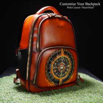 Tan Leather Backpack with Hand painted Fiery Lion Zodiac
