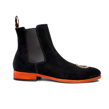 Custom Made Embroidered Black Suede Leather Boots