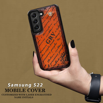 Custom Laser Engraved Samsung S22 Tan Leather Mobile Cover