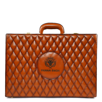 Tan Diamond Stitched Custom Made Briefcase For Office Organizer