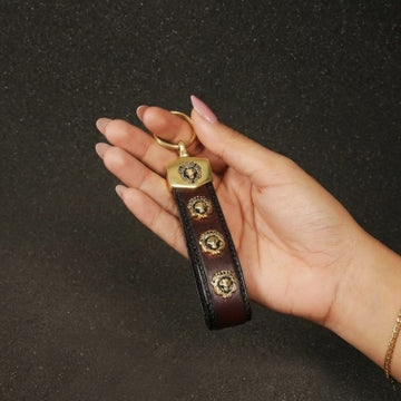 Triple Metal Lion Logo Brown Leather Keychain