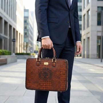 Personalized Tan Croco Embossed Laptop Briefcase with Lock Secure