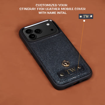 Customized TW Grey Stingray Leather iPhone 17 Pro Case with Black Frame & Lion Logo