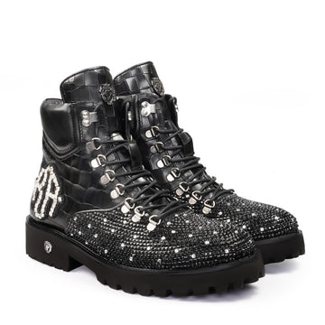 Customized KA Crystal Studded Black Chunky Boots with Metal Lion Logo