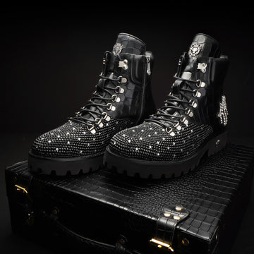 Customized KA Crystal Studded Black Chunky Boots with Metal Lion Logo