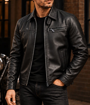 "Signed To God" Zardosi Men Black Leather Club Collar Regular Fit Jacket