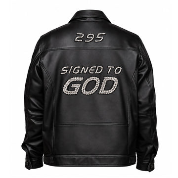 "Signed To God" Zardosi Men Black Leather Club Collar Regular Fit Jacket