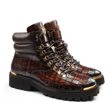 Smokey Cognac Chunky Boots With Golden Metal Plate Deep Cut Leather Lace-up
