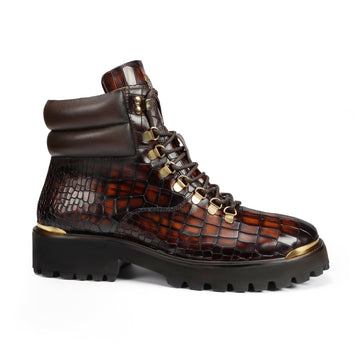 Smokey Cognac Chunky Boots With Golden Metal Plate Deep Cut Leather Lace-up