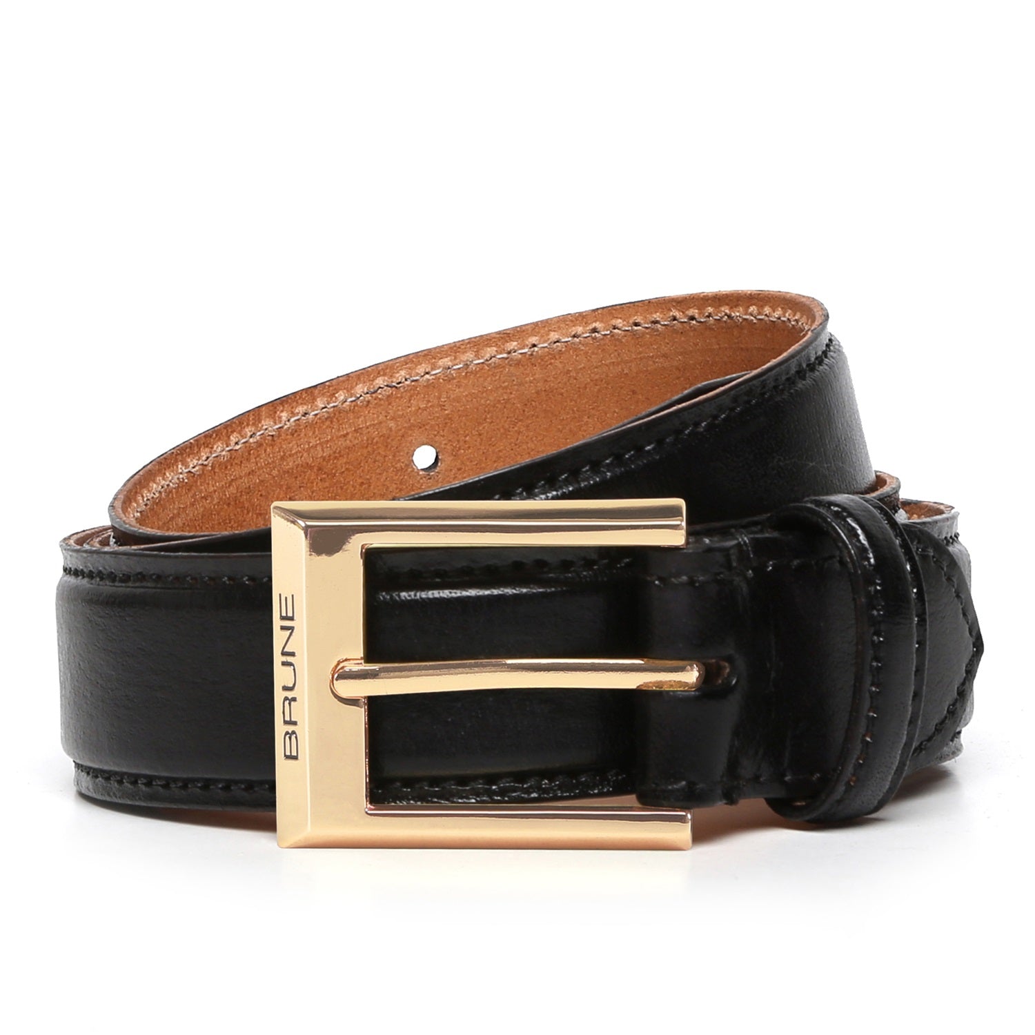 Brune & Bareskin Black With Golden Square Buckle Hand Painted Leather Formal Belt For Men