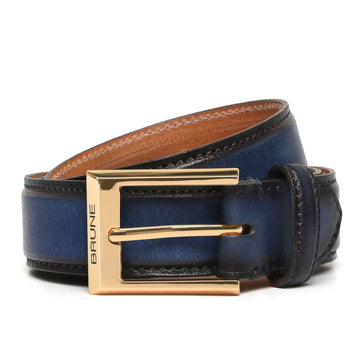 Royal Blue With Golden Square Buckle Hand Painted Leather Formal Belt For Men