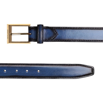 Royal Blue With Golden Square Buckle Hand Painted Leather Formal Belt For Men