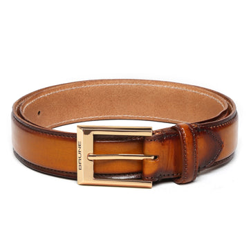 Tan With Golden Square Buckle Hand Painted Leather Formal Belt For Men