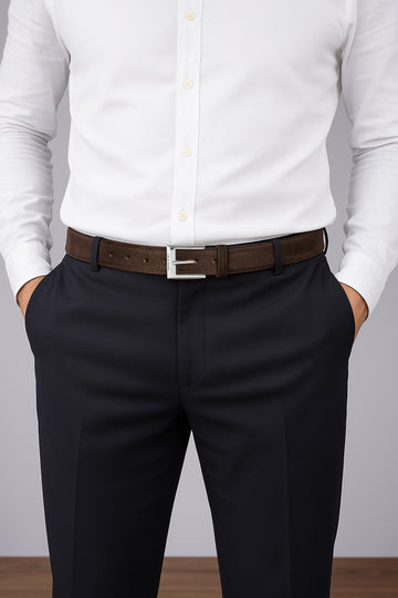 Dark Brown Suede Leather With Silver Square Buckle Formal Belt