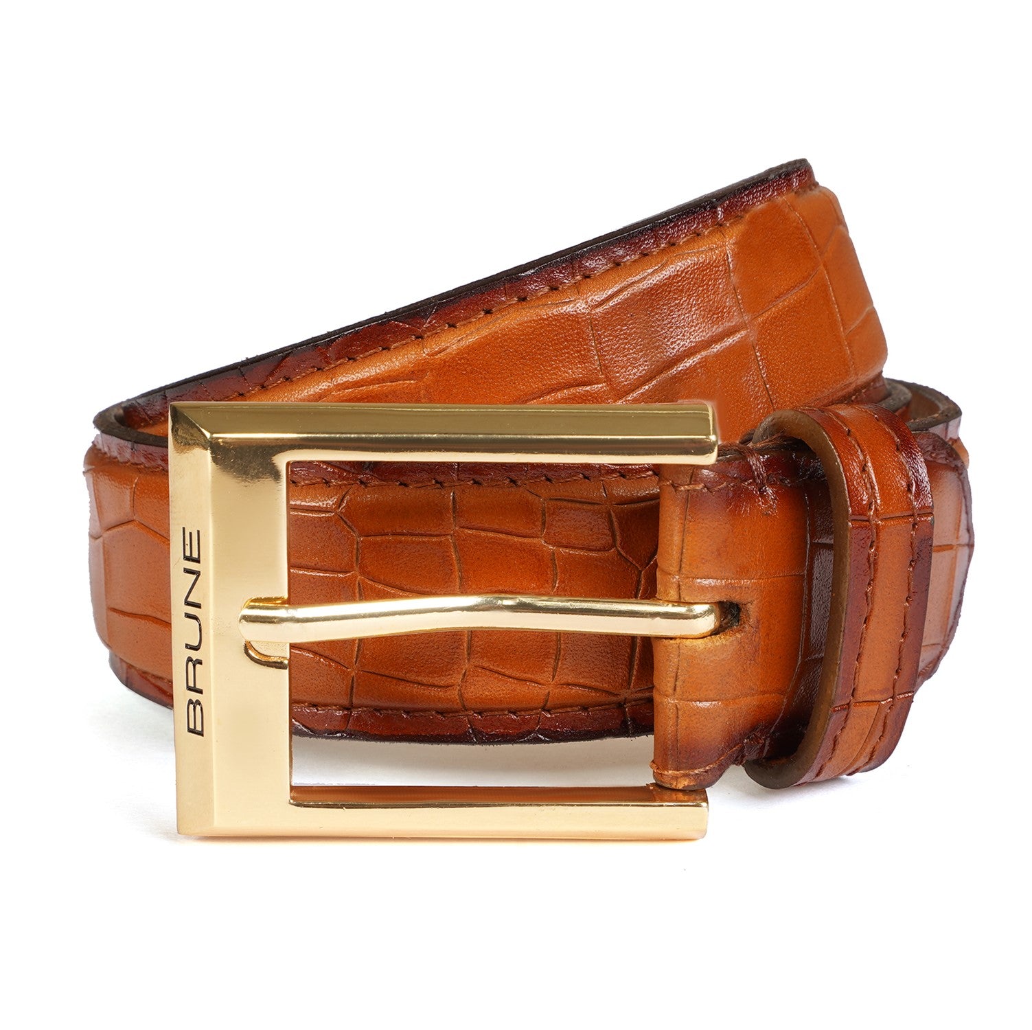 Tan Croco With Golden Square Buckle Hand Painted Leather Formal Belt By Brune & Bareskin