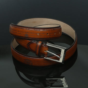 Tan Darker Scritto Laser Leather Silver Finish Buckle Belts By Brune & Bareskin