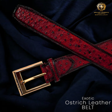Wine Authentic Ostrich Leather Belt with Golden Square Buckle