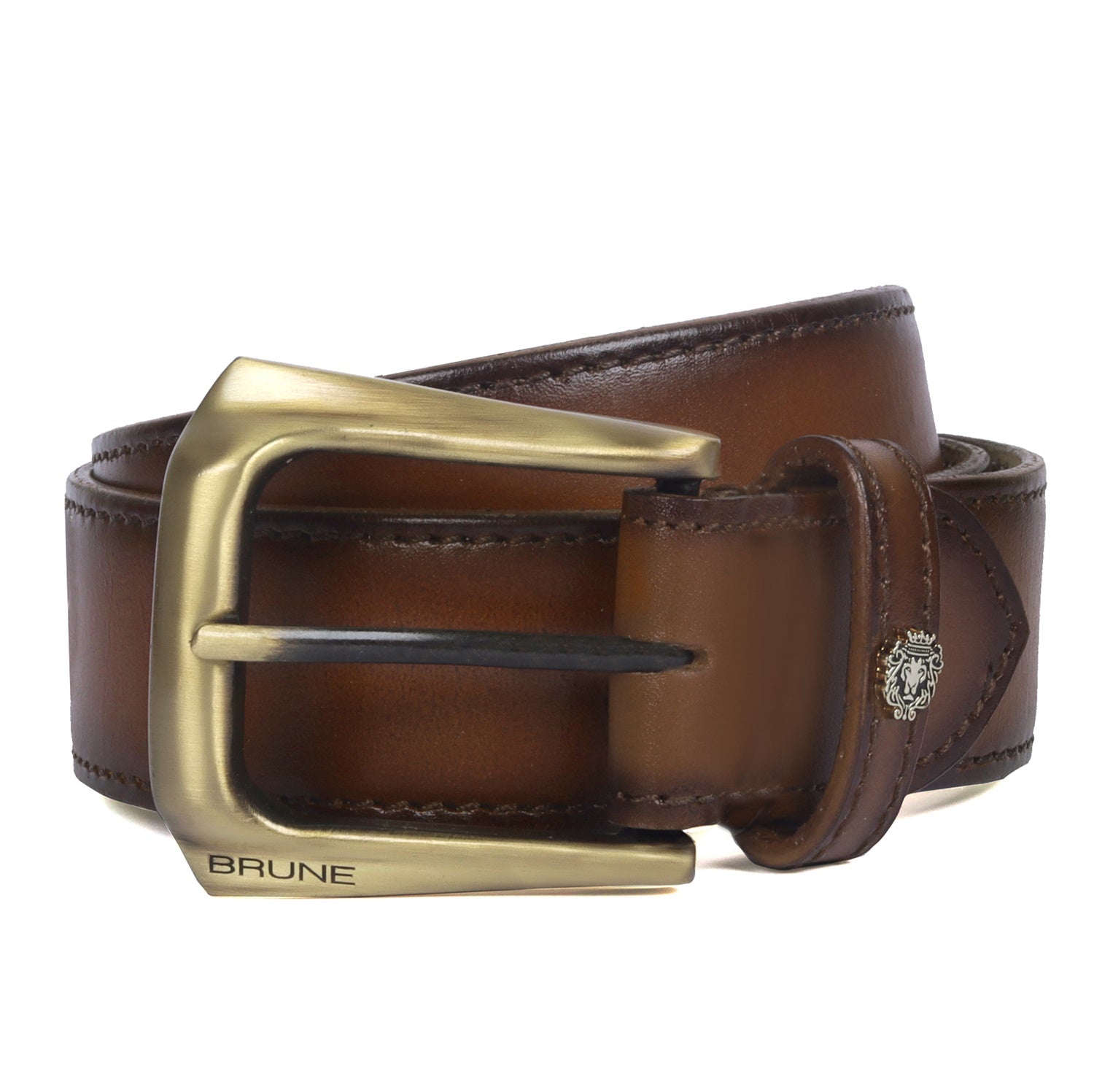 Burnished Brown Leather Belt With Smokey Gold New Slant Shape Buckle