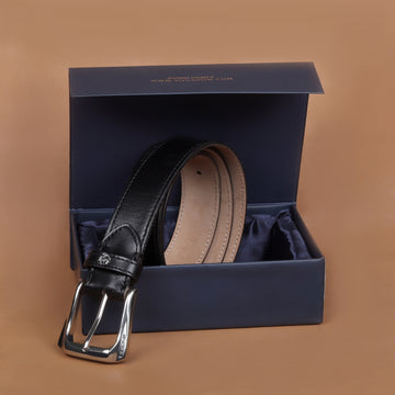 Plain Black Leather Belt For Men with Slant Shape Silver Finish Buckle By Brune & Bareskin