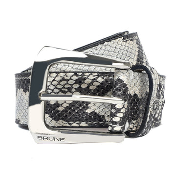 Black-White Belt in Snake Skin Textured Leather with Silver Finish Buckle Closure