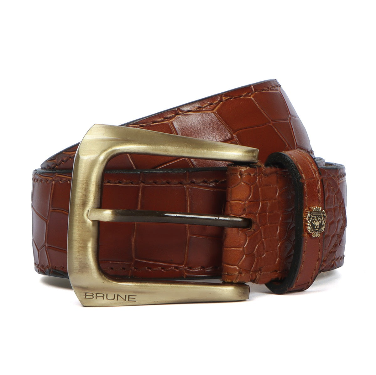 Tan Croco Textured Leather Belt With Smokey Gold Slant Shape Buckle