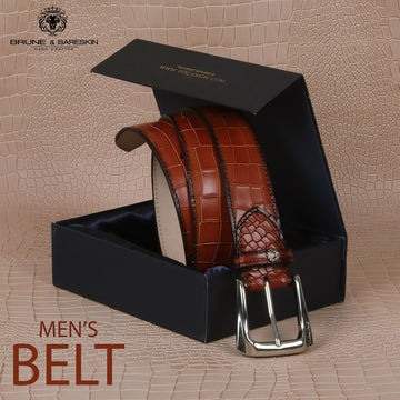 Tan Deep Cut Leather Belt For Men With Slant Shape Silver Finish Buckle