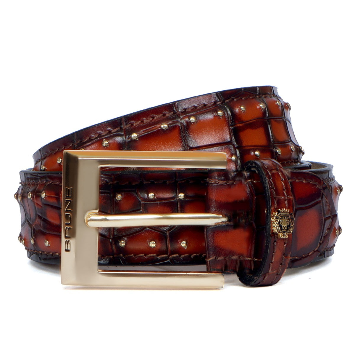 Men's Belt with Pint Sized Golden Studs Detailing Croco Textured Leather