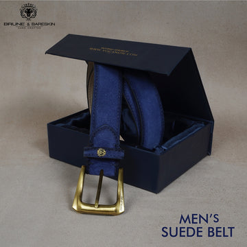 Men's Blue Suede Belt With Golden Slant Shape Buckle