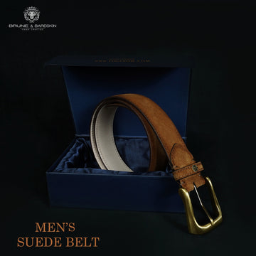 Tan Suede Men's Belt With Golden Slant Shape Buckle