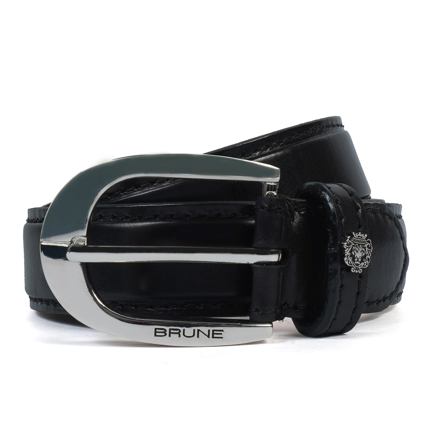 Oval Shape Buckled Belt in Black Genuine Leather