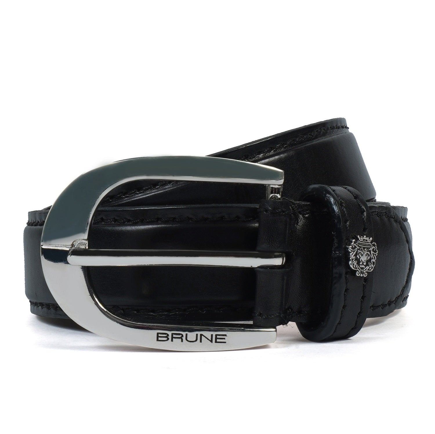 Oval Shape Silver Buckled Belt in Black Genuine Leather