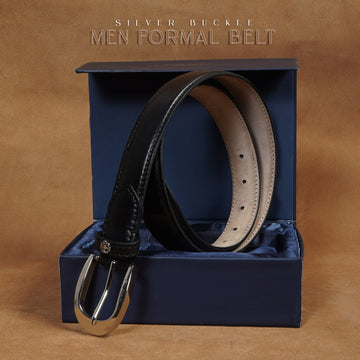 Oval Shape Silver Buckled Belt in Black Genuine Leather