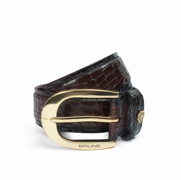 New Oval Shape Buckle Belt in Dark Brown Croco Emboosed Leather