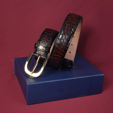 New Oval Shape Buckle Belt in Dark Brown Croco Emboosed Leather