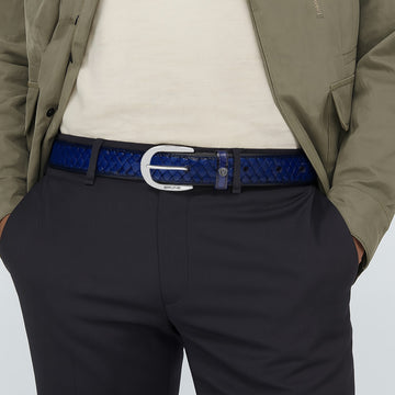 Oval Shape Buckle Weaved Blue Leather Belt